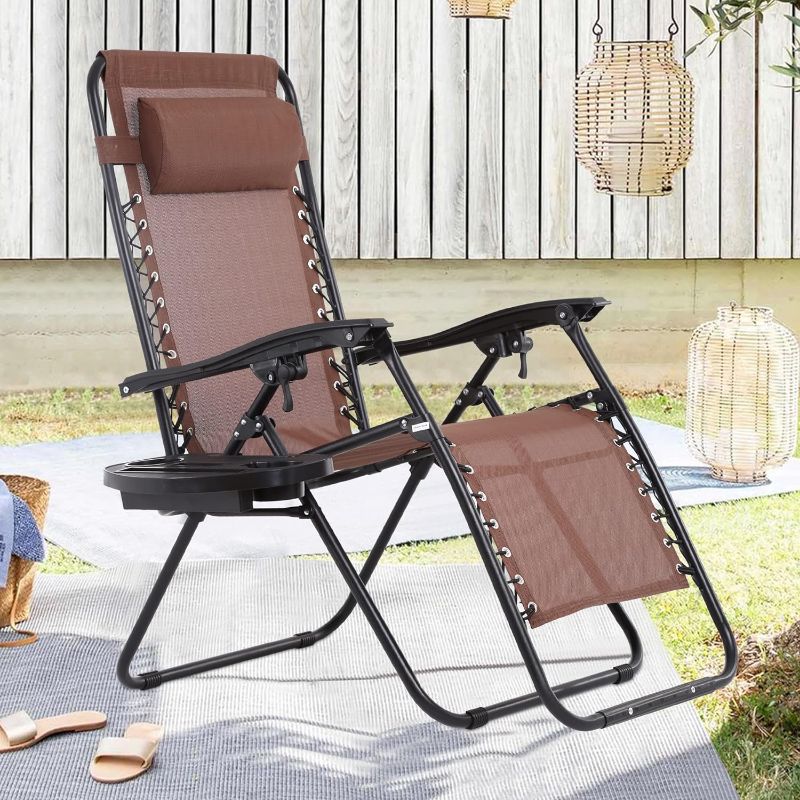 Photo 1 of 1 Pack Zero Gravity Chair Patio Chairs Lounge Chair Outdoor Adjustable Heavy Duty Folding Recliner Chairs with Pillow and Cup Holder for Camping, Garden, Patio, Lawn, Beach(Brown)