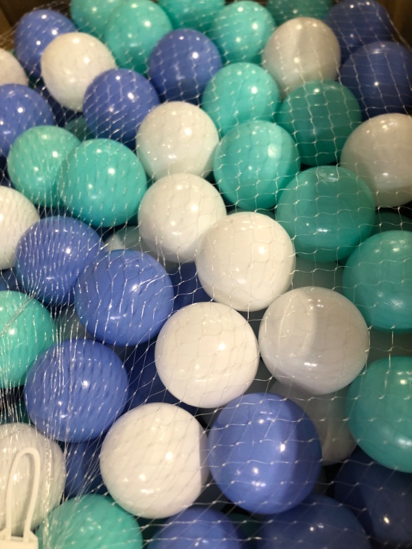 Photo 3 of Amuya Ball Pit Balls Pack of 170, BPA Free Plastic Ball Crush Proof Ocean Balls for Kids, 3 Kinds of Color Balls Include a Reusable Net Bag 170 balls Blue&green&white