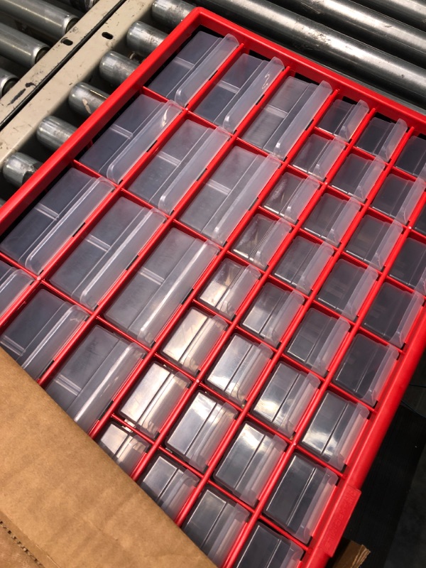 Photo 1 of Akro-Mils 44 Drawer 10144REDBLK, Plastic Parts Storage Hardware and Craft Cabinet, Red & Black, (1-Pack) & 40716 Width Dividers for Plastic Storage Hardware, (16-Pack), Clear, White 44 Drawer Cabinet + Width Dividers Red