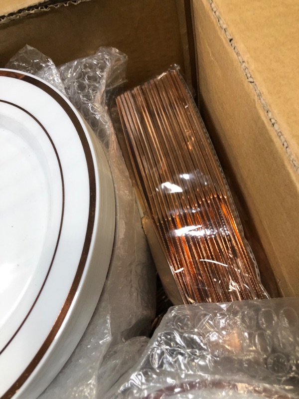 Photo 4 of 600 Piece Rose Gold Dinnerware Set - 200 White and Rose Gold Plastic Plates - Set of 300 Rose Gold Plastic Silverware - 100 Plastic Cups - Disposable Rose Gold Dinnerware Set for Party - 100 Guests 100 Guest Set Rose Gold