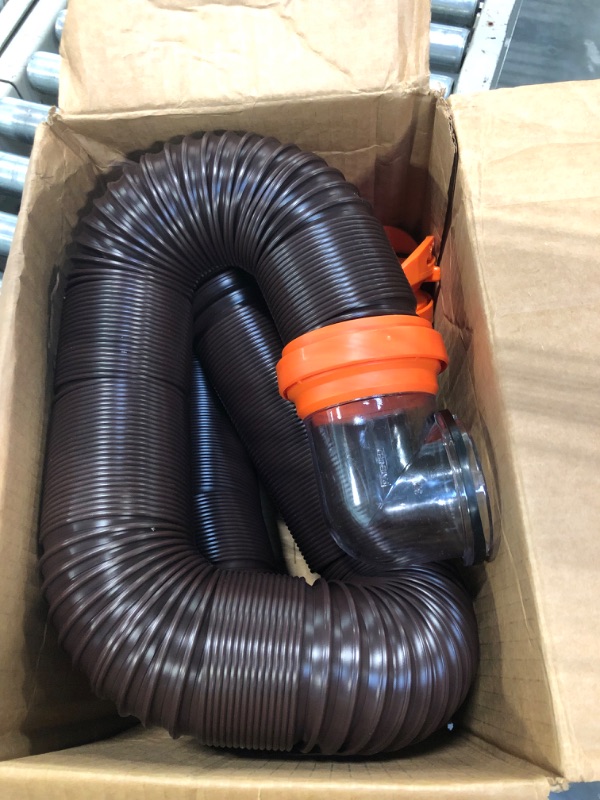 Photo 3 of Camco RhinoFLEX RV Sewer Hose Kit with Swivel Transparent Elbow and 4-in-1 Dump Station Fitting, Brown, 15 Feet (39770) 15ft Sewer Hose Kit Frustration-Free Packaging