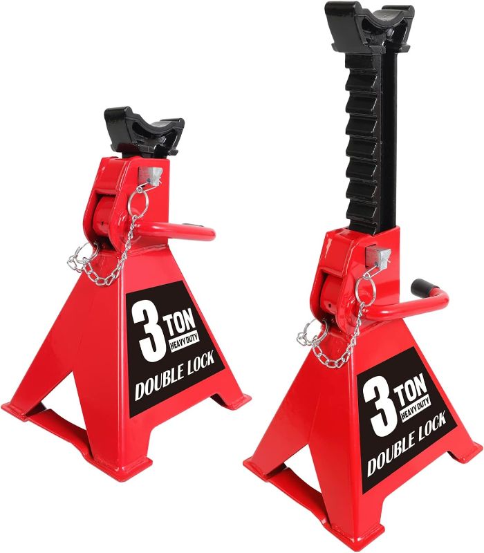 Photo 1 of BIG RED T43005A Torin Steel Heavy Duty Jack Stands: Double Locking Pins, 3 Ton (6,000 lb) Capacity, Red, 1 Pair (2 Pack)
