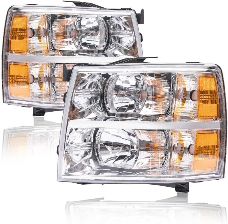 Photo 1 of PIT66 Headlights, Compatible With Chevy Silverado 1500 2007-2013/Compatible With Silverado 2500 3500 & HD 2007-2014 Clear lens Chrome Housing Amber Reflector
