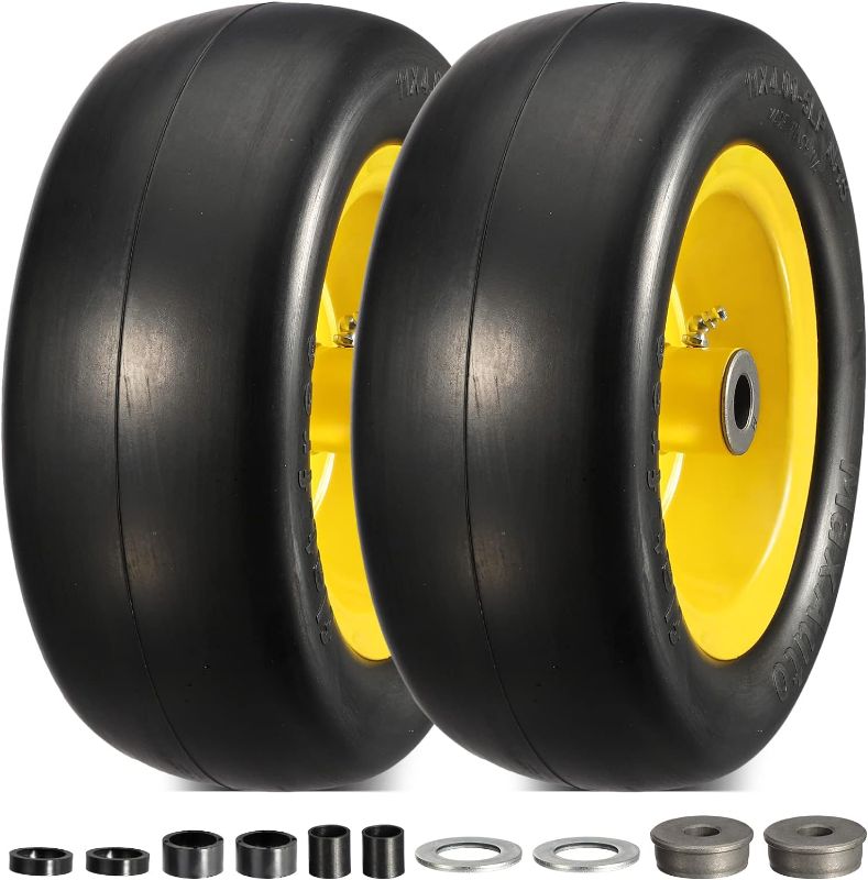 Photo 1 of MaxAuto 11x4.00-5" Flat Free Zero Turn Mowers Tire on Wheel, 3/4" or 1/2" Bushings, 3.4"-4''-4.5''-5" Centered Hub, Universal Fit Smooth Tread Tire for Zero Turn Lawn Mowers, Set of 2
