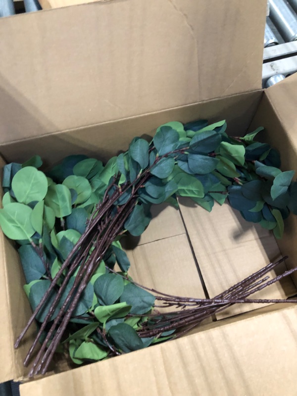 Photo 3 of 20 Pcs Artificial Eucalyptus Stems Fake Eucalyptus Faux Greenery Leaves 23.6 Inches Silver Dollar Eucalyptus Fake Plant Decor Silk Eucalyptus Branches Artificial Greenery Plant for Wedding Decoration