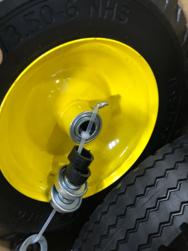 Photo 4 of MaxAuto 2 Pcs 4.10/3.50-6" Flat Free Tire, Hand Truck/All Purpose Utility Tire on Wheel, 3" Centered Hub, 3/4" Bearings, Yellow Steel