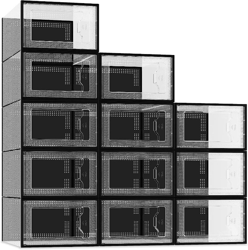 Photo 1 of SEE SPRING Large 12 Pack Shoe Storage Box, Clear Plastic Stackable Shoe Organizer for Closet, Space Saving Foldable Shoe Rack Sneaker Containers Bins Holders (Black)