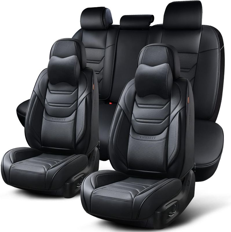 Photo 1 of TIEHESYT Black Car Seat Covers Full Set, Breathable Leather Automotive Front and Rear Seat Covers & Headrest for Comfortable Driving, Universal Auto Interior Fit for Most Kinds of Vehicles, Cars Elegant Black Front Pair and Rear