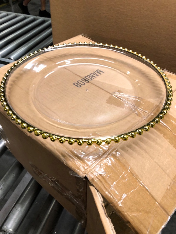 Photo 4 of 24 Pack 13 Inch Clear Charger Plates Bulk Round Beaded Chargers Plates Plastic Decorative Charger Plates with Gold Beaded Rim for Kitchen Wedding Events Dinner Party Tabletop Home Decor