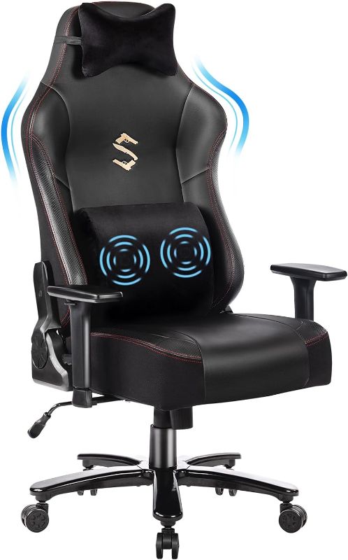 Photo 1 of FANTASYLAB Big and Tall 400lb Massage Memory Foam Gaming Chair - Adjustable Tilt, Back Angle and 3D Arms High-Back Leather Racing Executive Computer Desk Office Chair, Metal Base