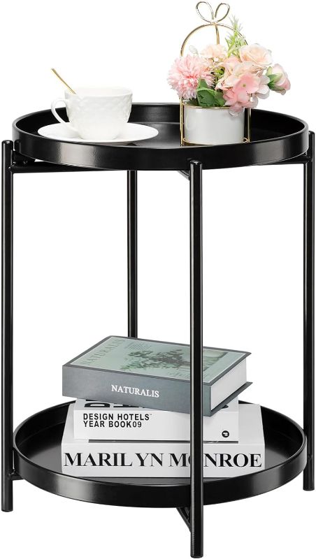 Photo 1 of 2-Tier Round Side Table, Metal End Table with Removable Tray, Small Outdoor Table Accent Table, Anti-Rust Black Nightstand for Bedroom Balcony Patio (Black)