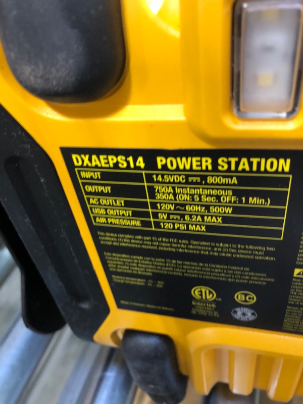 Photo 5 of DEWALT DXAEPS14 1600 Peak Battery Amp 12V Automotive Jump Starter/Power Station with 500 Watt AC Power Inverter, 120 PSI Digital Compressor, and USB Power , Yellow