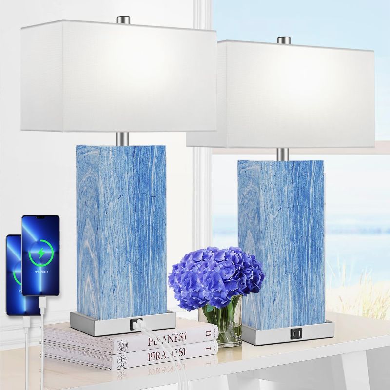 Photo 1 of 24” Tall Touch Control Table Lamps Set of 2, Blue Navy Lamps w/ USB& Type C Ports, Dimmable Coastal Bedside Nightstand Lamp White Shade, Large Lamps for Living Room End table Bedroom (Bulbs Included)