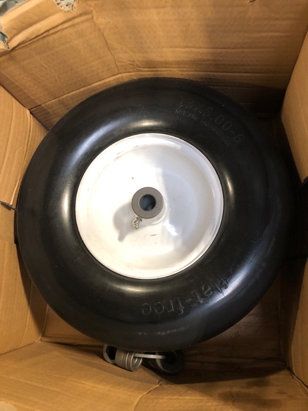 Photo 4 of 2pcs 13x5.00-6" Flat Free Lawn Mower tires lawn and garden lawn mower replacement Solid Tire and Wheel with Steel Rim 3/4" Grease Bushing and 3.25"-5.9" Centered Hub