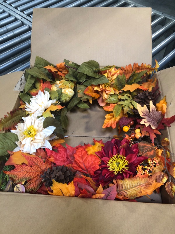 Photo 3 of 24 Inch Fall Wreaths for Front Door Outside, Fall Door Wreath with Pumpkins Pine Cones Flowers Maple Leaves,Autumn Wreath for Harvest Thanksgiving Halloween Decorations Indoor Outdoor Home Decor Fall-24inch