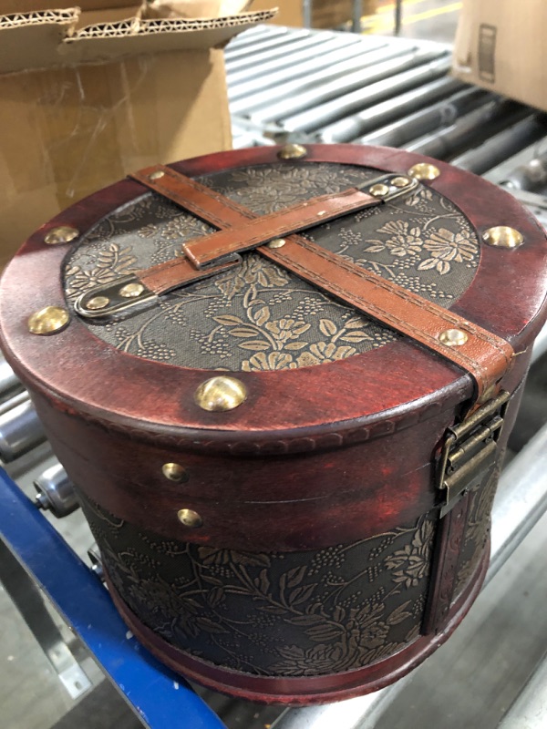 Photo 4 of Vintage Jewelry Box - Classic Victorian Style Trinket Box with Lock - Cylindrical Wooden Box for Accessories - Small Keepsake Box w/ Top Handle - Round Treasure Chest - Vintage Decor Vanity Organizer