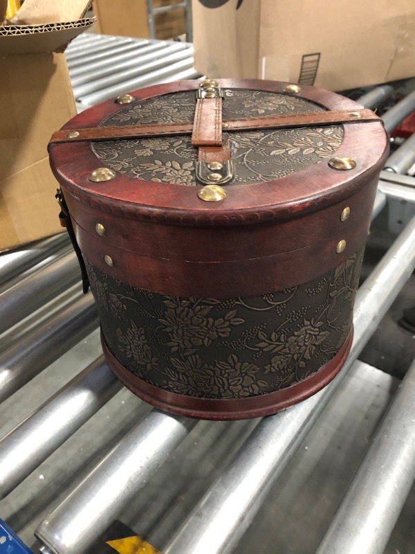 Photo 3 of Vintage Jewelry Box - Classic Victorian Style Trinket Box with Lock - Cylindrical Wooden Box for Accessories - Small Keepsake Box w/ Top Handle - Round Treasure Chest - Vintage Decor Vanity Organizer