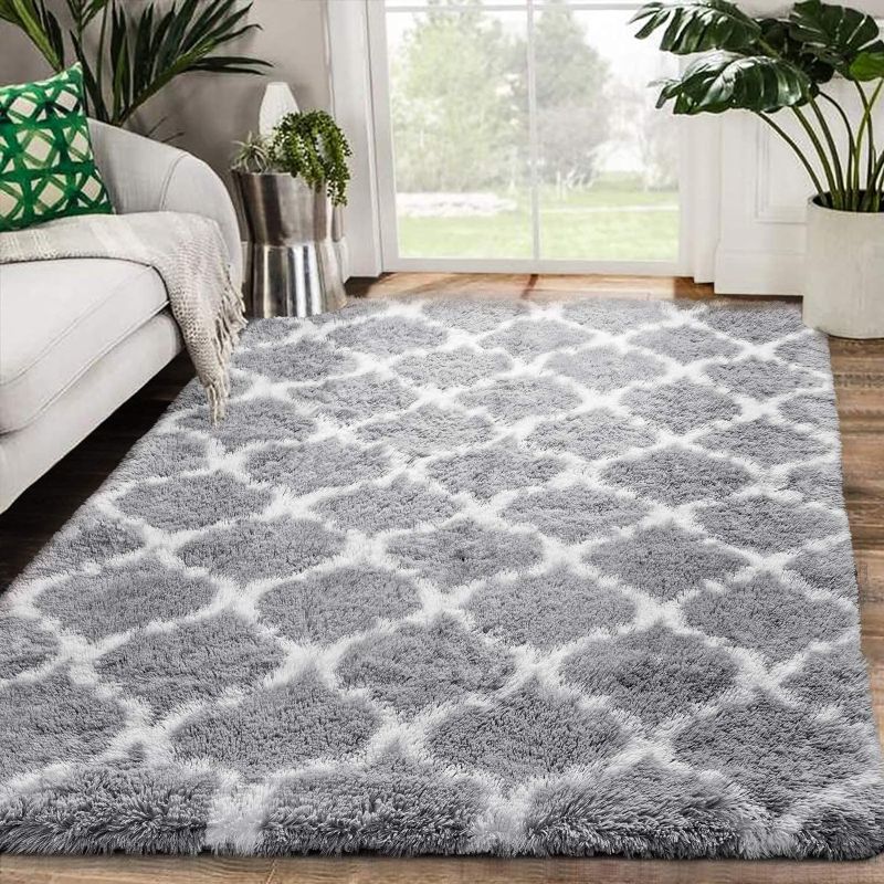 Photo 1 of Zareas Soft Geometric Fluffy Rugs for Living Room, 6x9 Feet Area Rug, Shag Grey Rug, Shaggy Bedroom Rug, Plush Rug, Modern Fuzzy Rugs for Apartment, Classroom, Home Office, Dorm, Room Decor