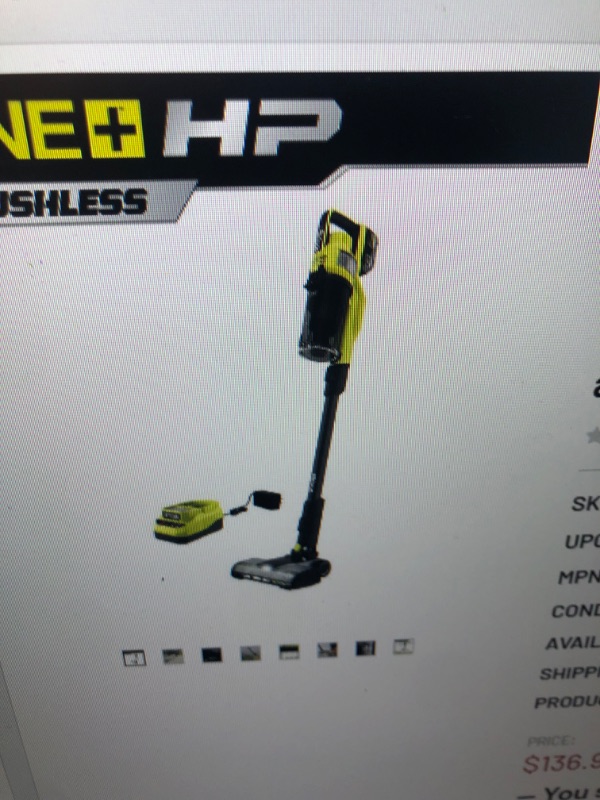 Photo 1 of (USED) RYOBI ONE+ HP 18V Brushless Cordless Pet Stick Vacuum Cleaner Kit with 4.0 Ah HIGH PERFORMANCE Battery and Charger