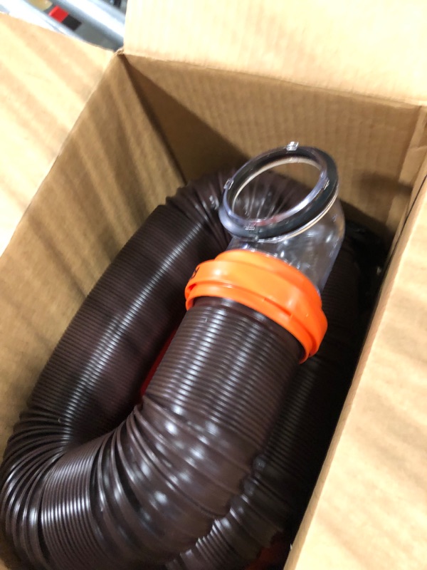 Photo 3 of Camco RhinoFLEX RV Sewer Hose Kit with Swivel Transparent Elbow and 4-in-1 Dump Station Fitting, Brown, 15 Feet (39770) 15ft Sewer Hose Kit Frustration-Free Packaging