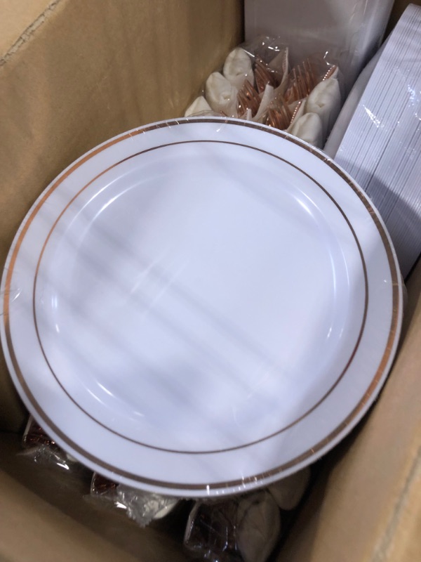 Photo 4 of WELLIFE 350 Pieces Rose Gold Plastic Dinnerware, Disposable Rose Gold Lace Plates, Include:50 Dinner Plates, 50 Dessert Plates, 50 Per Rolled Napkins with Rose Gold Silverware and 50 Cups