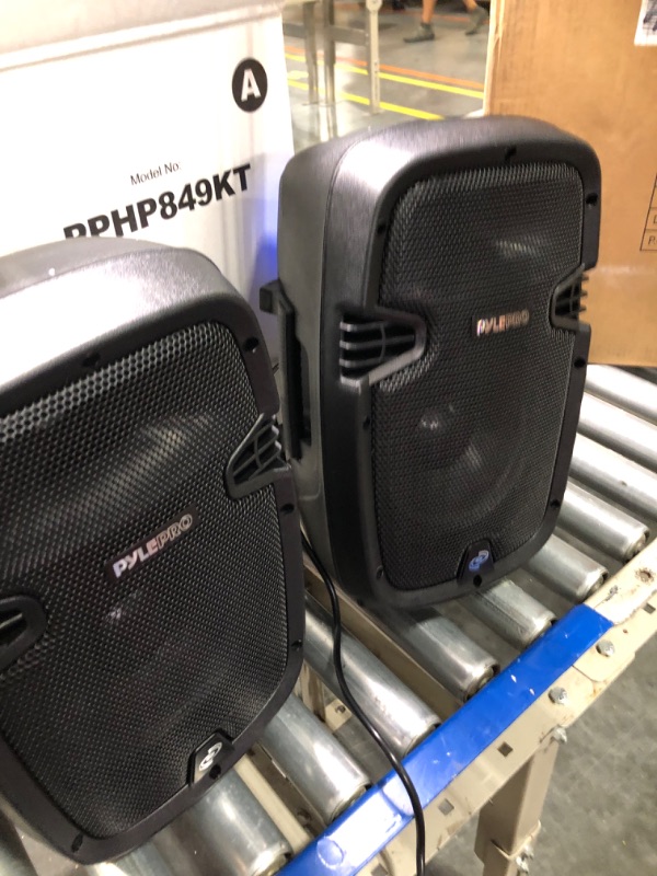 Photo 1 of Powered PA Speaker System Active & Passive Bluetooth Loudspeakers Kit with 8 Inch Speakers, Wired Microphone, MP3/USB/SD/AUX Readers, Speaker Stands,Remote Control - Pyle PPHP849KT Black 8 in 2 Speaker Loudspeakers Kit