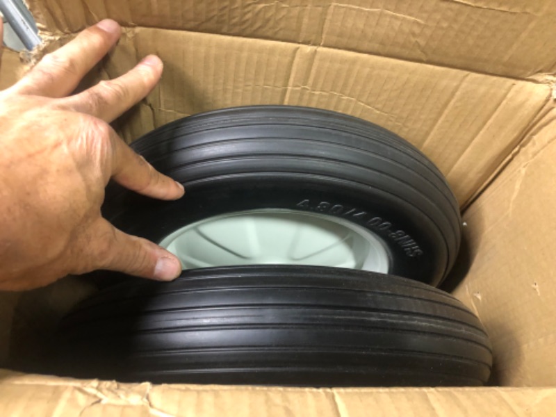 Photo 3 of 2-Pack of 4.80/4.00-8" Flat Free Tire on Wheel,16"Universal Solid Wheelbarrow Tire,3"Center Hub with 3/4" Bearings,Steel Rim,Ribbed Tread,for Wheelbarrows,Garden and Utility Carts,Trolleys