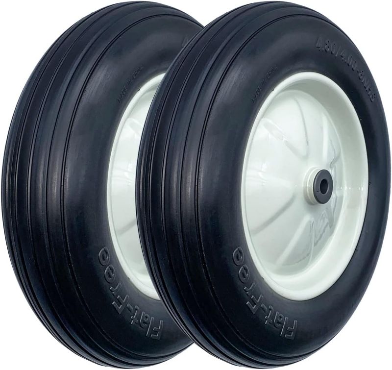 Photo 1 of 2-Pack of 4.80/4.00-8" Flat Free Tire on Wheel,16"Universal Solid Wheelbarrow Tire,3"Center Hub with 3/4" Bearings,Steel Rim,Ribbed Tread,for Wheelbarrows,Garden and Utility Carts,Trolleys