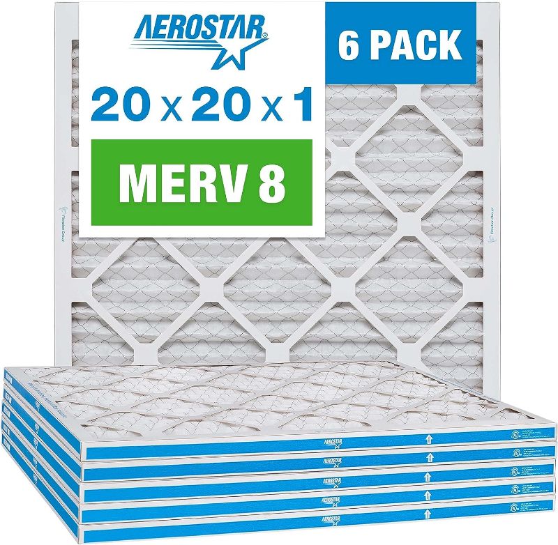 Photo 1 of Aerostar 20x20x1 MERV 8 Pleated Air Filter, AC Furnace Air Filter, 6 Pack (Actual Size: 19 3/4" x 19 3/4" x 3/4")