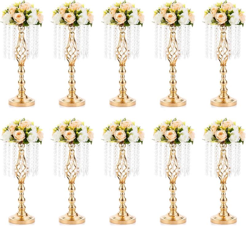 Photo 1 of 10 Pcs 19.3 inches Tall Crystal Flower Stand Wedding Road Lead Tall Flower Holders Centerpiece Crystal Flower Chandelier Metal Flower Vase for Reception Tables Wedding Supplies Medium - 10 Pcs Gold