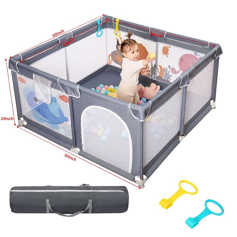 Photo 1 of Baby Playpen, 50"x50"Extra Large Baby Playard, Playpen for Babies with Gate, Indoor & Outdoor Kid Activity Center with Anti-Slip Base, Sturdy Safety Playpen with Soft Mesh, Playpen for Toddlers(Gray)
