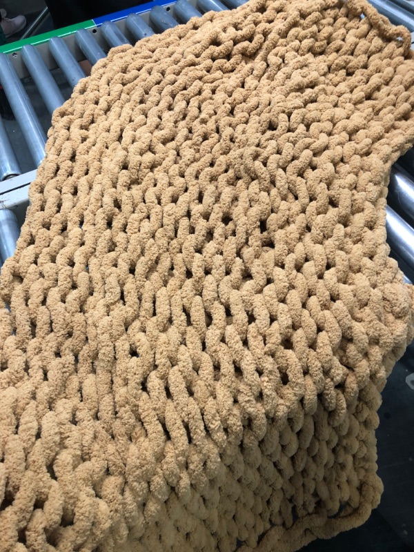 Photo 3 of  Chunky Knit Blanket, Luxury Hand-Knitted Yarn Throw Blanket, Soft Throw Blanket, Knitted Blankets, Cozy, Machine-Washable, and Non-Shedding, 50 x 60 Inches, Honey Hazelnut Honey Hazelnut Chenille