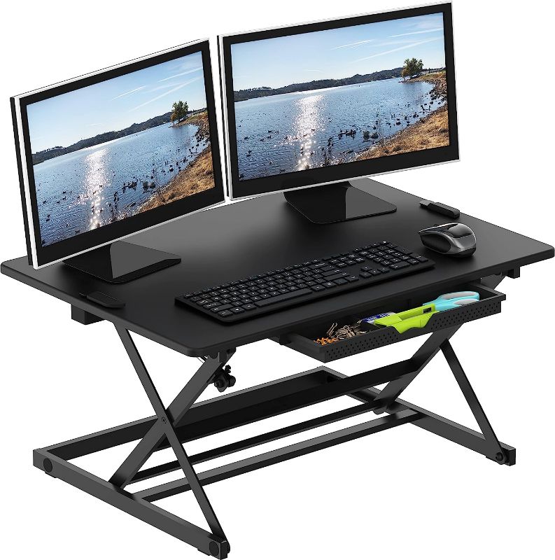 Photo 1 of SHW 32-Inch Height Adjustable Standing Desk Converter Riser Workstation, Black
