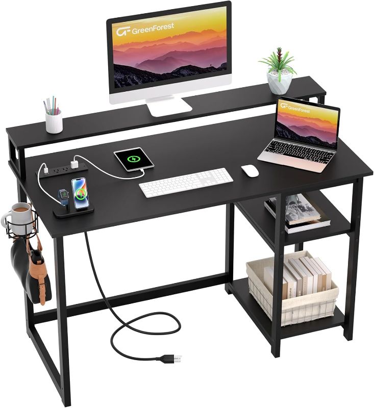 Photo 1 of GreenForest Computer Desk with USB Charging Port and Power Outlet, Reversible Home Office Desk with Monitor Stand and Storage Shelves for Small Space, 47 in Work Desk with Cup Holder Hook, Blac