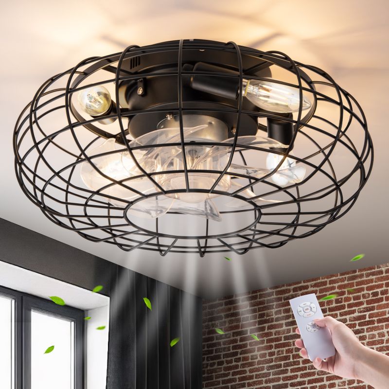 Photo 1 of 
NookNova 16'' Caged Ceiling Fan with Light, 6 Speeds Fandaliers Flush Mount Bladeless Ceiling Fan with Remote Control, Low Profile Industrial Ceiling Fan Light for Bedroom, Kitchen, Dining room, Black