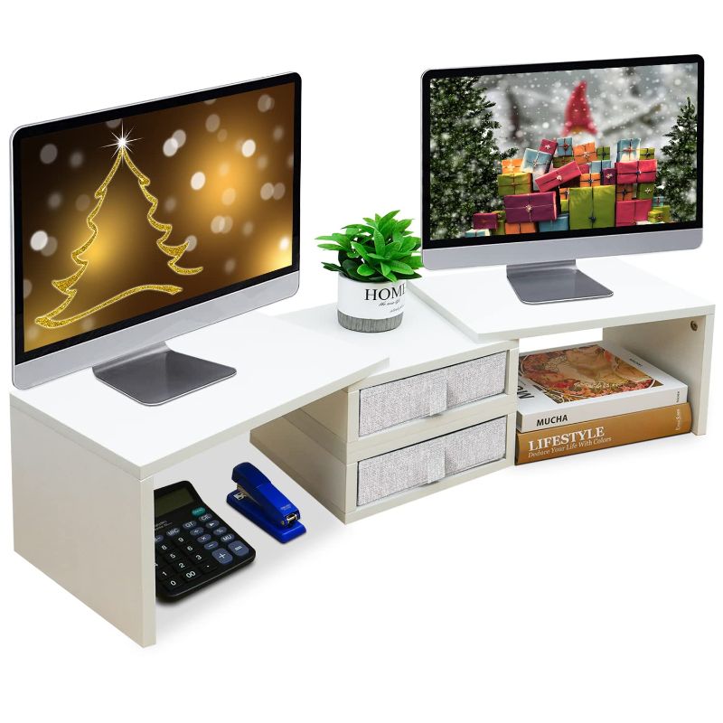 Photo 1 of TEAMIX Dual Monitor Stand Riser with 2 Drawers - White Length and Angle Adjustable Monitor Stand with Storage Large Computer Monitor Stand for 2 Monitors/Laptop/PC, Wood Screen/TV Stand Desk Organizer White 1pc