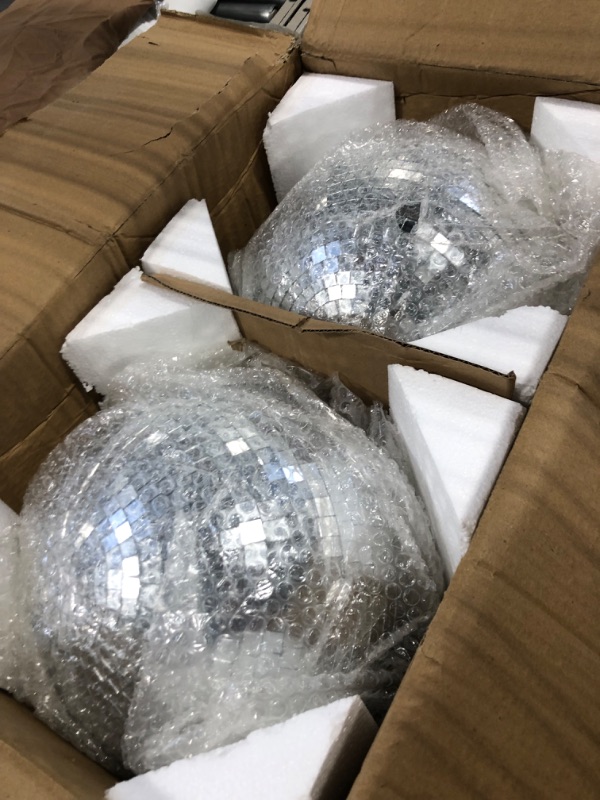 Photo 3 of 2 Pack Large Disco Ball Silver Hanging Mirror Disco Ball Reflective Mirror Disco Ball Ornament for Party Holiday Wedding Dance Music Festivals Decor Club Stage Props DJ Decoration (12 Inch, 12 Inch)