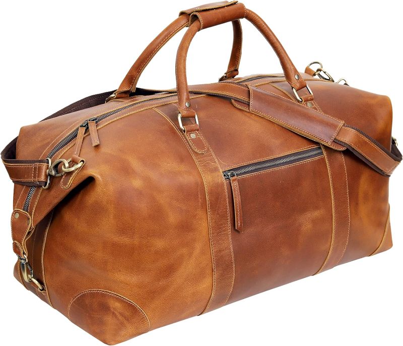 Photo 1 of 24" Leather Buffalo Travel Case Duffel Luggage Bag, Gym Travel Tote Duffel, Overnight Weekender (tan)