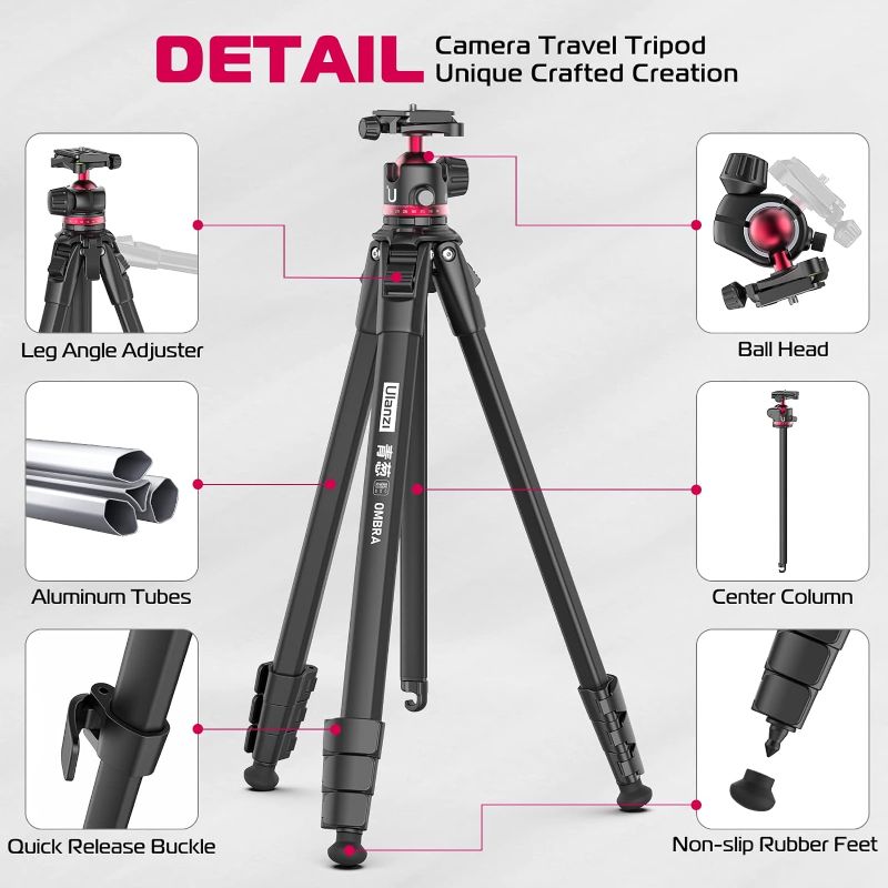 Photo 1 of ULANZI MT-55 Ombra Travel Tripod, 62.2" Professional Camera Tripod, Aluminum Tripod W/ 360° Ball Head&Quick Release Plate