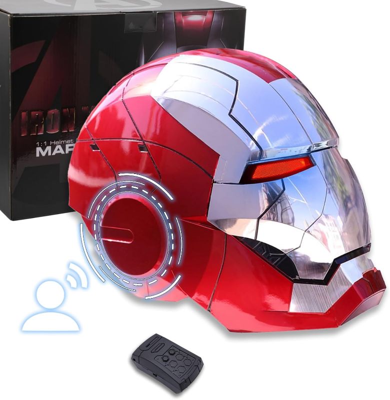 Photo 1 of Adult Iron-Mans Helmet Electronic MK 5 Helmet with Jarvis Voice/Sensing/Remote Control Open/Close Sounds & LED Eyes Light Up Super Hero Movie 1:1 Model for Halloween