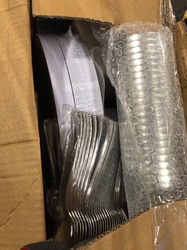 Photo 3 of 350 Piece MCIRCO Silver Dinnerware Set - 100 Silver Rim Plastic Plates - 50 Silver Plastic Silverware - 50 Silver Plastic Cups - 50 Linen Like Silver Paper Napkins, 50 Guest Disposable Silver Dinner