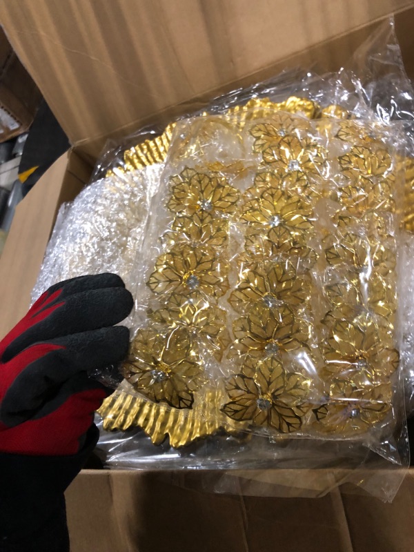 Photo 1 of 48 Pcs Charger Plate with Napkin Ring 13 in Round Reef Plate Charger Ruffled Rim Dinner Charger Hollow out Flower Napkin Holder Plastic Plate Charger for Table Setting Wedding (Gold) 48 Gold