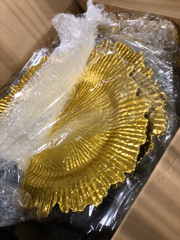 Photo 1 of 48 Pcs Charger Plate with Napkin Ring 13 in Round Reef Plate Charger Ruffled Rim Dinner Charger Hollow out Flower Napkin Holder Plastic Plate Charger for Table Setting Wedding (Gold) 48 Gold