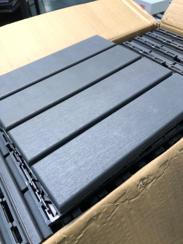 Photo 3 of 36 sq. ft Plastic Interlocking Deck Tiles,36 Pack Patio Deck Tiles,12"x12" Waterproof Outdoor Flooring All Weather Use, Patio Floor Decking Tiles for Porch Poolside Balcony Backyard,Dark Grey 36 Grey