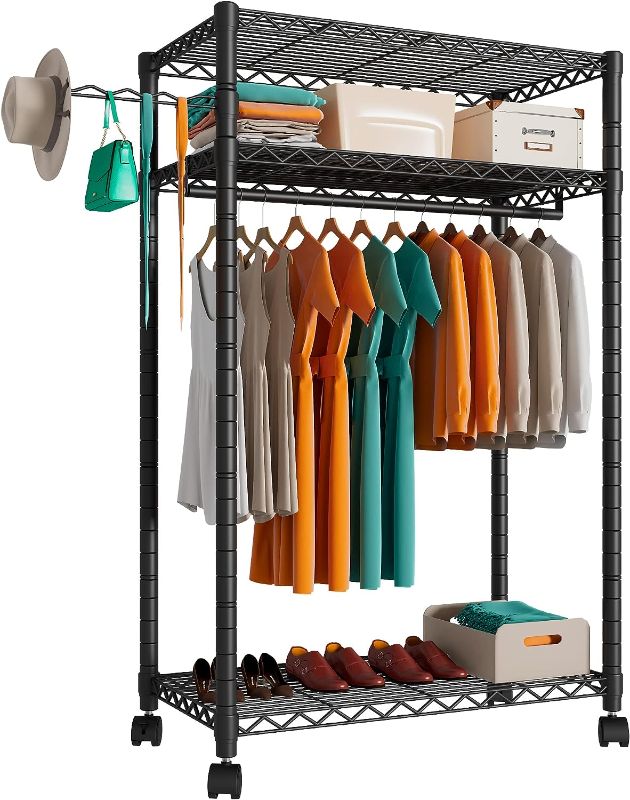 Photo 1 of PUNION Heavy Duty Rolling Garment Rack,Portable Clothes Rack for Hanging Clothes,Clothing Rack,Wardrobe Storage Rack with 3 Shelves,1 Hang Rod,1 Side Hook,36" Lx18 Wx71 H, Max Load 500LBS, Black,GR1