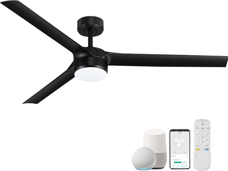 Photo 1 of 60” Large Smart Ceiling Fans with LED Lights and Remote,Indoor Outdoor Black Ceiling Fan Controlled by WIFI Alexa App,Quiet DC Motor, 6-speed,Dimmable,Modern 3 Blades for Bedroom Living Room Patio
