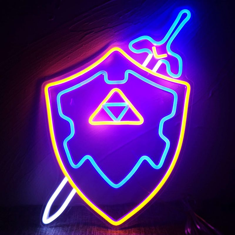 Photo 1 of Neon Sign Sword & Shield LED Sign Master Sword LED Neon Light Cool Game Room Decor Gaming Light Sword LED Signs Gamer Gifts for Teen Boys (1. Sword Shield) (1 Sword Shield)