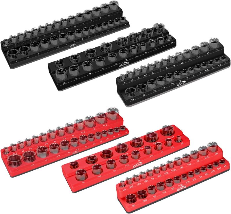 Photo 1 of 6PCS Socket Organizer Tray Set, Red SAE & Black Metric Socket Storage Trays, 1/4-Inch, 3/8-Inch & 1/2-Inch Drive Deep and Shadow Socket Holders for Toolboxes