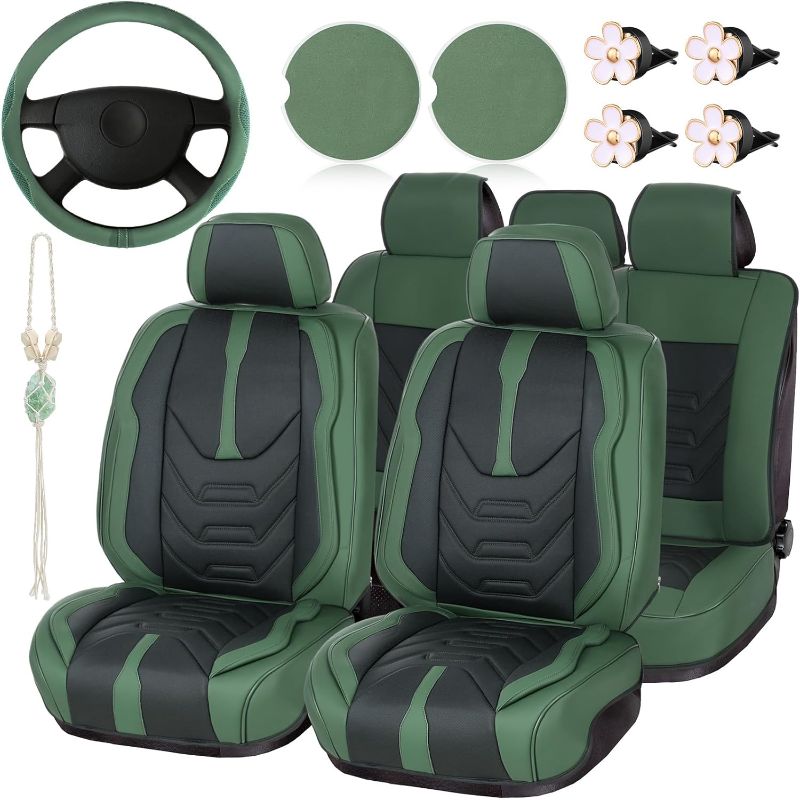 Photo 1 of 11 Pcs Green Car Accessories for Women Sage Green Car Decor Leather Seat Cover, Steering Wheel Cover, Crystal Hanging Ornament, Flower Air Vent Clip, Ceramic Car Cup Holder for Vehicles

**MISSING CUP HOLDER PADDING**
