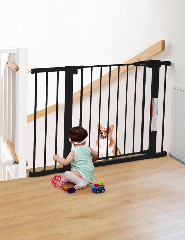 Photo 1 of COMOMY Safety Baby Gate Extra Wide 37.8"-43.3", Auto Close Dog Gate for House Doorways Stairs, Pressure Mounted Easy Walk Through Pet Gate Child Gate, Includes 2.75" and 8.25" Extension, Black
